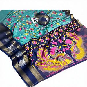 Sari Dola Kalmkari pour femme en tissu doux avec motif Jequred Patta à motif de paon, magnifique bordure Jequred argentée et dorée - Product Image 1