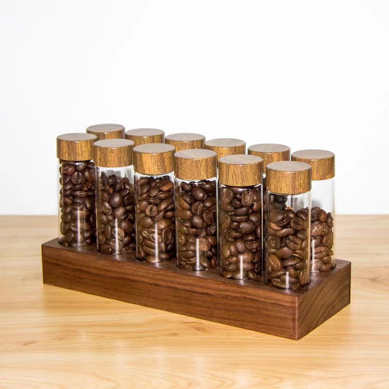 Трубки для кофейных зерен с основанием из ореховой древесины, Малый дистрибьютор, стойка для витрин, товары для магазинов, распределительный инструмент 20 г