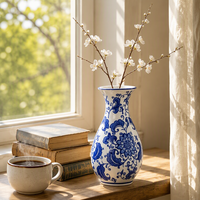 Vase en céramique de porcelaine Redeco, peint à la main, motif lotus traditionnel, détails floraux orientaux classiques pour la décoration du salon