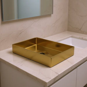Lavabo rectangulaire en acier inoxydable doré, contemporain, à poser sur comptoir de salle de bain, finition polie - Product Image 2