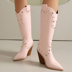 Big Size 48 Western Winter Cow Boy Women's Knee-High Wedge Chunky Heels Boots Pointed Toe Metal Stud <b>Shoes</b> - Product Image 5