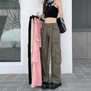 2023 Fashion Spring Women Straight Retro Loose Cotton Multi-pocket Street Outwear Pants Overall Trousers Female Long Pants