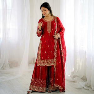 Costume traditionnel indien pakistanais pour femmes, brodé, avec dupatta, coupe ample, longueur au sol, tenue de mariage - Product Image 1