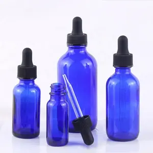 Toptan parlak mavi serum şişeleri 10ml 15ml 20ml 50ml 100ml yuvarlak boş uçucu yağ cam damlalıklı şişe