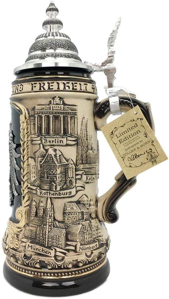 German Ceramic Beer Stein 1.4L with Lid - Rustic Deutschland Eagle