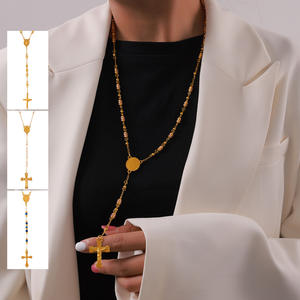 Collier pendentif rond en forme de <span class=keywords><strong>camée</strong></span> avec pompon et croix, en acier titane plaqué or, bijoux de mode - Product Image 2