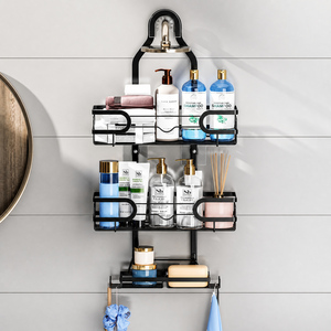 Portaoggetti da <span class=keywords><strong>doccia</strong></span> in metallo antiruggine CF con doppio cestello, 2 <span class=keywords><strong>portasapone</strong></span>, 4 ganci, adesivo antiscivolo a ventosa, organizer per bagno - Product Image 1