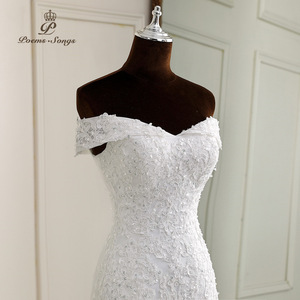 Abiti da <span class=keywords><strong>sposa</strong></span> LY-WD0428 abiti da <span class=keywords><strong>sposa</strong></span> a sirena a coda di pesce in pizzo con spalle corte strascico Sexy elegante bianco avorio - Product Image 3