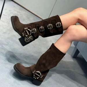 Women's Knee High Boots Side Zipper <strong>Motorcycle</strong> Boots Square Toe Chunky Low Heel Fashion Buckles Biker Riding Boots - Product Image 3