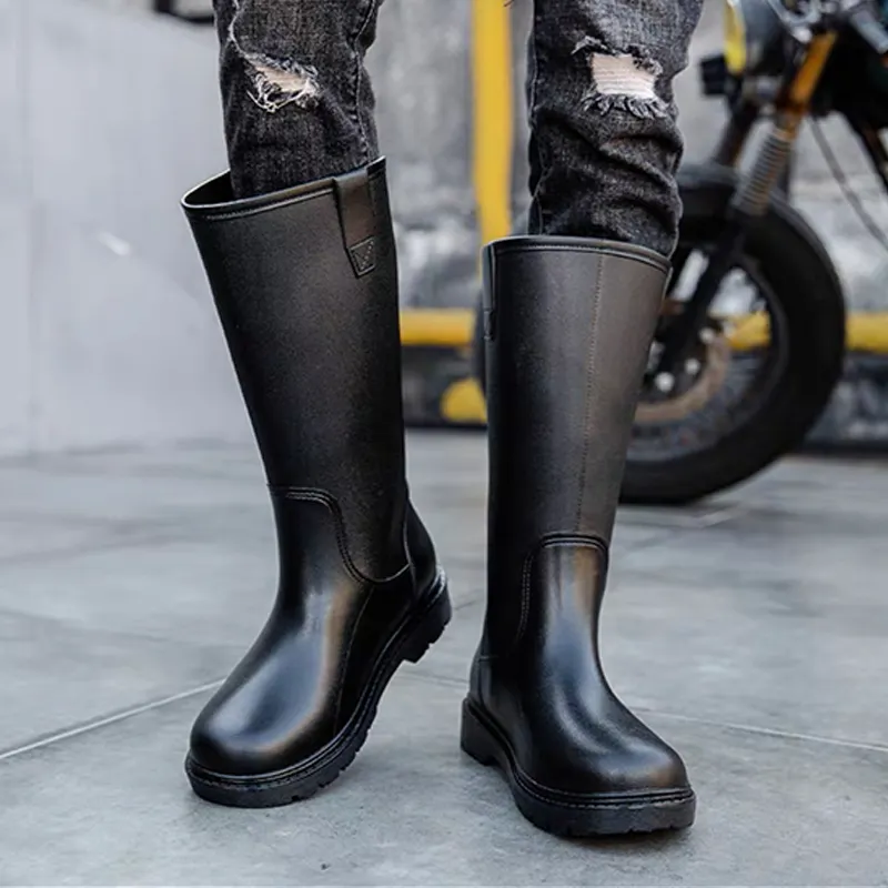 Las mejores ventas de moda motocicleta pantorrilla ancha hasta la rodilla Botas de lluvia botas de mujer