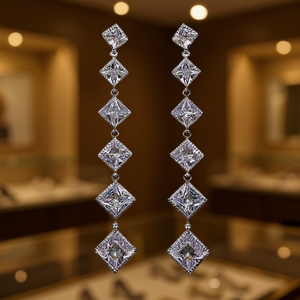 Pendientes Colgantes E1985 de Oro Blanco con Cristales de Estrás y Engaste Geométrico, Joyería de Lujo para Fiesta de Mujer, Plata - Product Image 2