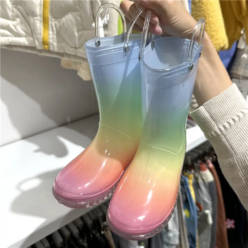 Kinder Regenbogen-Kinder-Reinschuhe Grundschule Mädchen rutschfest Mittlere Röhre Regenstiefel Regenbogen mit Griff Vier-Jahreszeiten-Wasser