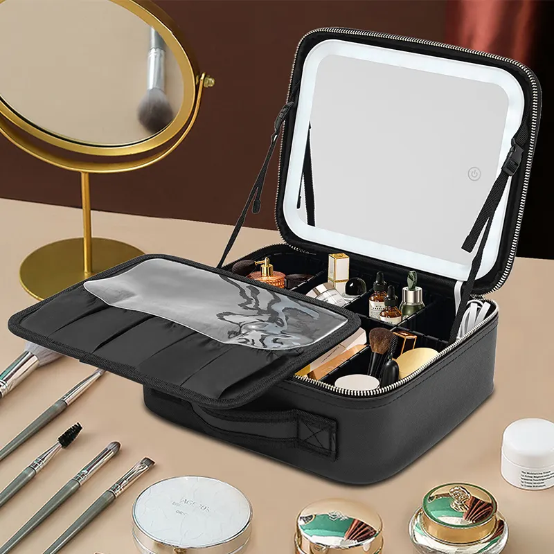 Travel Custom Waterproof Makeup Cosmetic Case Portable Zipper Pouch Vanity Bag Case Organiser Makeup Box With Mirror