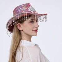 Chapeaux de fête personnalisés pour femmes, style bohème western, avec imprimé serpent arc-en-ciel, fleurs, perles et strass, pour festivals et événements.
