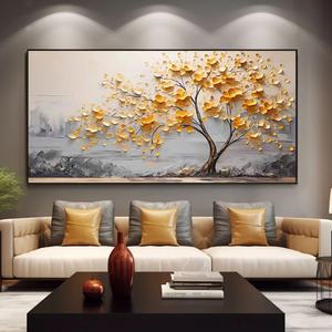 Cuadro de arte moderno con marco de lienzo, pintura al óleo sobre yeso acrílico con árbol dorado texturizado grande para pared sobre la cama, para el hogar y la galería - Product Image 2