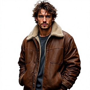 Veste en cuir sur mesure, couleur unie, veste en cuir pour homme, streetwear, veste d'hiver en cuir pour homme en shearling avec col en fourrure - Product Image 4