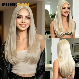Perruques synthétiques à dentelle frontale FREEDOM, lisses et superposées, pour femmes, 22 pouces, longueur moyenne, transparentes, pour usage quotidien, brun, blond, roux - Product Image 2