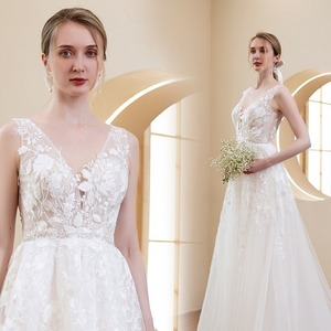 Lace V-Neck A-Line Wedding Dress White Natural Waist Backless Simple Outdoor Lawn Style - Product Image 1
