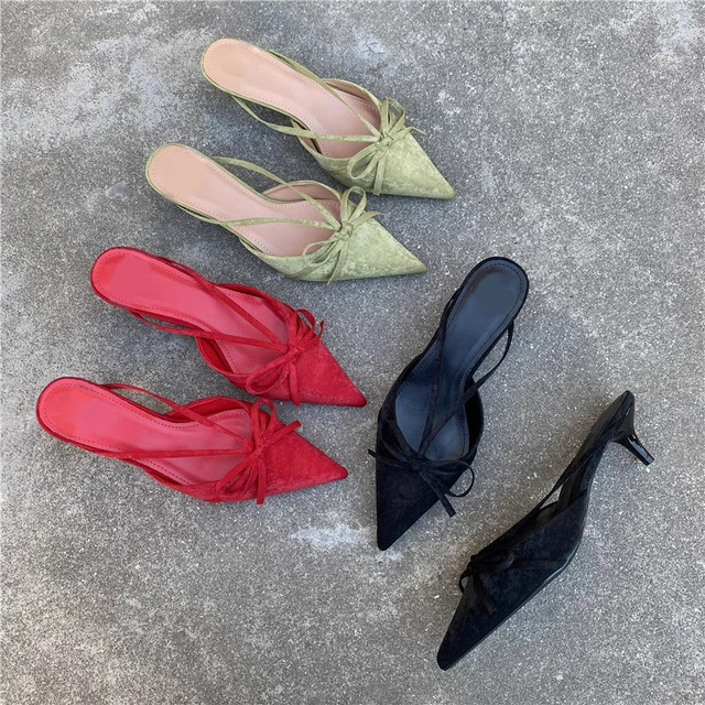 Stylish Pointy Bow Mules Women's Half Covered Low Heel Shoes Ladies Suede Kitten Heels Half-Drag Party Fashion Sexy Sandals