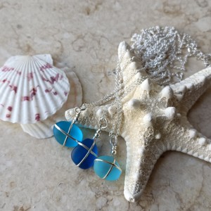 Été plage peignage vie voyage forme organique larme mer océan verre verre verre pierres pendentif bracelet boucles d'oreilles ensemble - Product Image 3