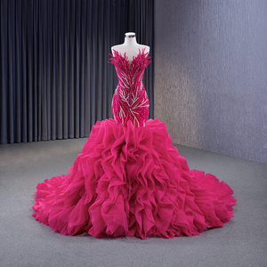 Vestido de Novia Sirena Personalizado MF con un Solo Hombro, Ilusión de Borlas, Cristales, Volantes, Cola Larga, Sin Mangas, Elegante - Product Image 1