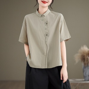 2026 Neue Sommer Großhandels-Bluse mit Blumenstickerei aus reiner Baumwolle, französischer Chic, locker geschnittene Oversize-Kurzarmbluse in Schwarz, Übergröße - Product Image 1