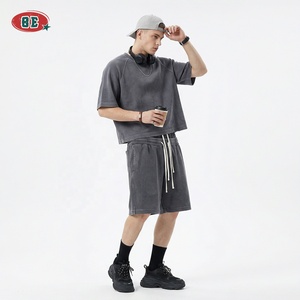 Fabricants de T-shirts en tricot gaufré, ensembles de T-shirts amples grande taille vierges, ensembles de T-shirts pour hommes à col ras du cou et épaules tombantes avec logo personnalisé - Product Image 3