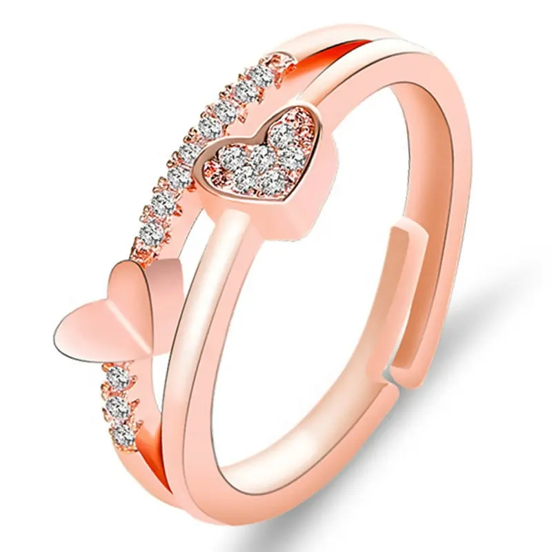 New Trendy Korea Crystal Engagement Ring Heart jewelry Gift White Gold Rose Gold Elegant Adjustable Cuff Rings For Women