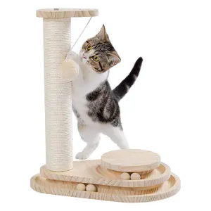 Cat Scratching Post Wooden Ball Track Two-Layer Modern Sisa Cat Scratcher Kitten Toys For Indoor Cats