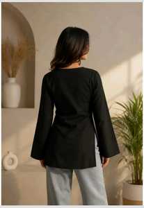 Kurti Corto Negro de Algodón con Cuello en V para Mujer, Manga Larga, Diseño Sólido Informal Étnico para Uso Diario - Product Image 2