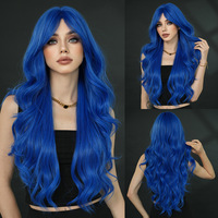 Wig rambut panjang keriting gaya natural warna biru tua ala selebgram, rambut sintetis tahan panas tinggi, dapat di-Perm.