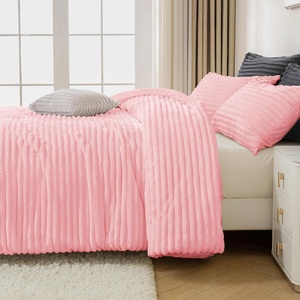 现货商品超柔粉色被子特大尺寸牛奶条纹羊毛床上用品套装可逆<span class=keywords><strong>3</strong></span>件套被子套装 - Product Image 4