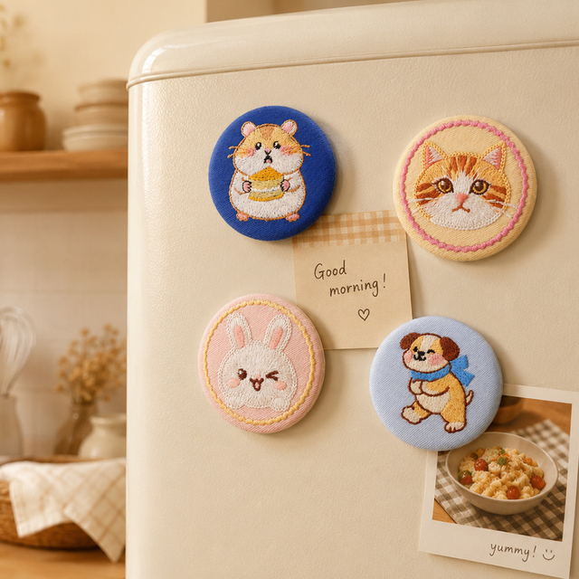 Woven Embroidered Round Fabric Fridge Magnet Ersonalised Custom Logo Cute Animal Shape Refrigerator Magnet Kitchen Decor Magnet