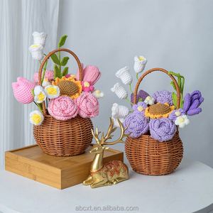 Cesta de Rosas Artificiales Tejidas a Mano, Cesta de Flores de Ganchillo con Rosas, Girasoles y Tulipanes para el Día de la Madre, Día del Maestro - Product Image 1