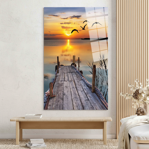 Boho Coastal Decor: Printed <b>Canvas</b> Artwork of <b>Framed</b> Sunset Seascape,TEMPERED GLASS ART - Product Image 3