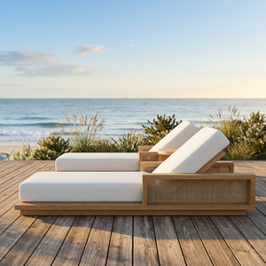 Chaise longue en teck moderne avec coussins en mousse, pour extérieur, bord de piscine, design contemporain, utilisation hôtel/villa - Product Image 3