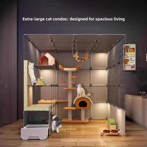 Cage pour chat Luf en acier inoxydable, style villa, super grande, espace ouvert intérieur, avec design tout-en-un, bac à litière et structure d'escalade - Product Image 3