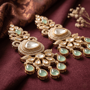 Boucles d'oreilles pendantes longues en Kundan Polki non taillées, couleur vert émeraude, plaquées or, style statement, pour mariée indienne, à porter lors de mariages. - Product Image 5