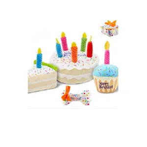 Pet Birthday Party Gift Squeaky Durable Chew Toy Birthday Cake with Candle Cupcake Bone Happy Birthday Decoration Plush Dog Toy