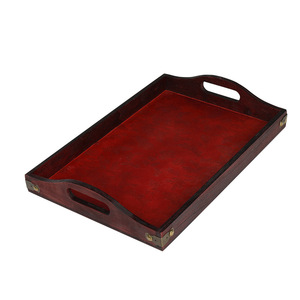 Rectangular Wooden Serving <b>Tray</b> Red Color For <b>Tea</b> Coffee Hotel Use With Handles Storage Plate - Product Image 5