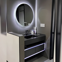Meuble-lavabo mural de luxe minimaliste avec miroir pliant et évier intégré, finition sans peinture