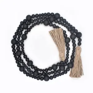 Hot sale black gray wood crafts wooden bead garlands with hemp rope tassels for flower arrangement