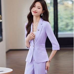 Women's Three Quarter Sleeve <b>Blazer</b> Suit <b>Set</b> Slim Fit Formal Spring Polyester Anti Wrinkle Notched Collar - Product Image 1