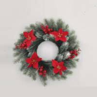 Karangan Bunga Natal Buatan 38cm dengan Poinsettia Merah & Hiasan Buah Berry, Cabang Pinus, Dekorasi Gantung Pintu & Dinding untuk Liburan