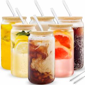 Verres en forme de canette en verre borosilicate résistant à la chaleur et au froid, type Mason Jar, verres à bière, steins, avec couvercles en bambou et pailles, vente en gros - Product Image 4