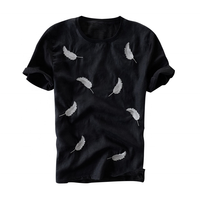 Nouveau T-shirt en coton style unisexe à manches courtes avec broderie plume