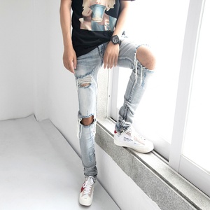 กางเกงยีนส์ผู้ชายลำลองสไตล์ดิสเทรส กางเกงเดนิมทรงสลิมแบรนด์ดัง กางเกงยีนส์ไบค์เกอร์ทรงสกินนี่ ขาดๆ แบบร็อค - Product Image 3