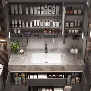 Salle de <span class=keywords><strong>douche</strong></span> suspendue au mur de luxe contemporaine lavabo salle de bain armoire de salle de bain miroir LED ensemble de vanité avec dessus en marbre évier de navire en céramique - Product Image 3