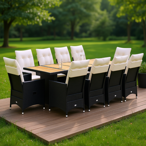 Black And Cream White <b>Garden</b> Set <b>8</b> <b>Seater</b> Rattan Outdoor Furniture Contemporary Design Weather Resistant Solid Wood <b>Table</b> - Product Image 2