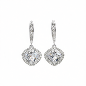 Orecchini classici in argento 925 con cristalli per donna, gioielli da matrimonio con montatura geometrica e strass E1147 - Product Image 1